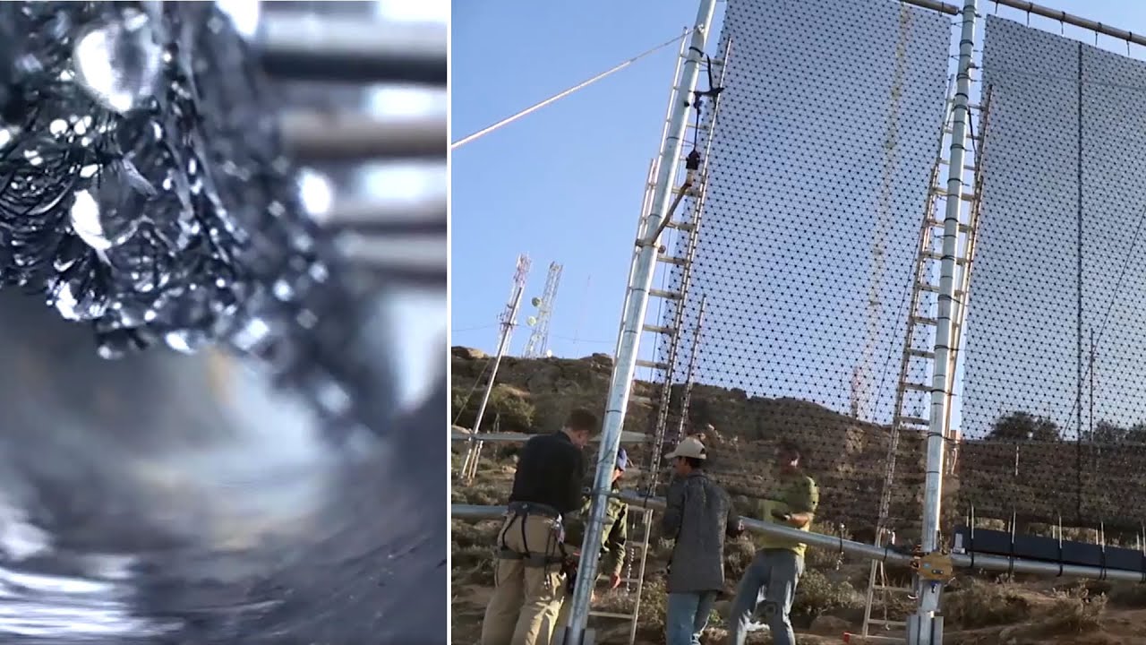 Producing drinking water from fog: See how Waterfoundations fog net CloudFisher works