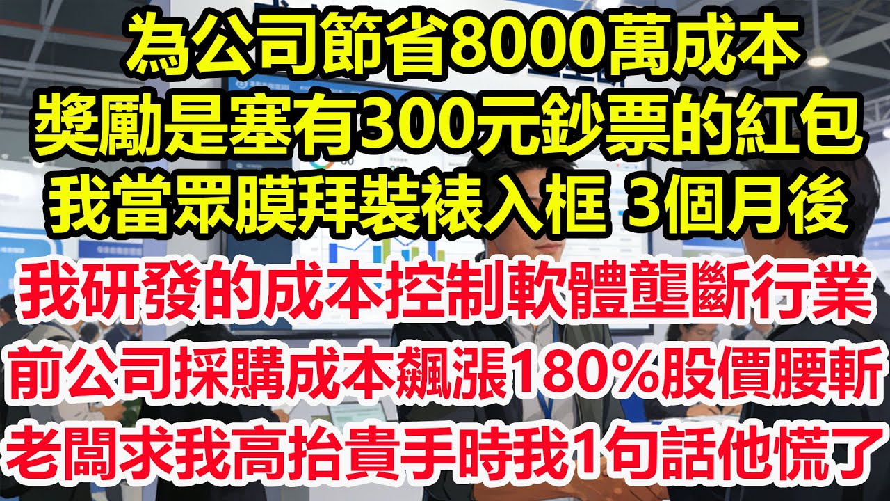 為公司節省8000萬成本，獎勵是塞有300元鈔票的紅包，我當眾膜拜裝裱入框，3個月後我研發的成本控制軟體壟斷行業，前公司採購成本飆漲180%+股價腰斬，老闆求我高抬貴手時我開口1句話他慌了！#職場