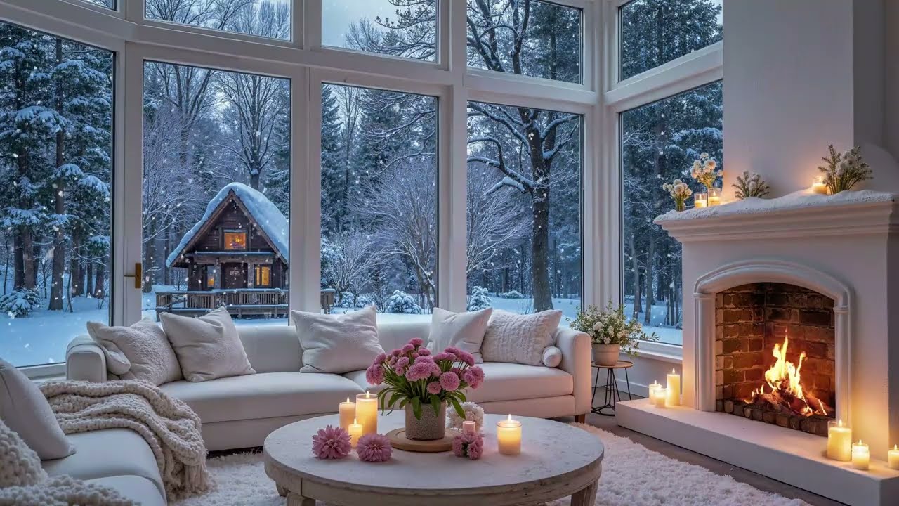 Winter White Lounge Piano ❄️  Snowy Window View and Fireplace for Calm Study and Relaxation