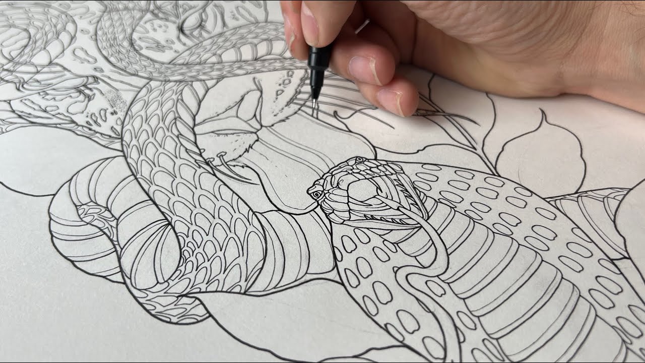 How to draw neo traditional snake leopard and leaves