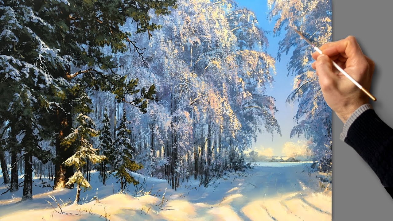 👍 Зимний пейзаж. Живопись акрилом. Рисование. Искусство. Красивая картина. Хобби.