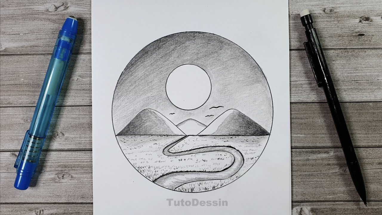 Paysage Dessiné dans un cercle | Comment dessiner un chemin et des montagnes