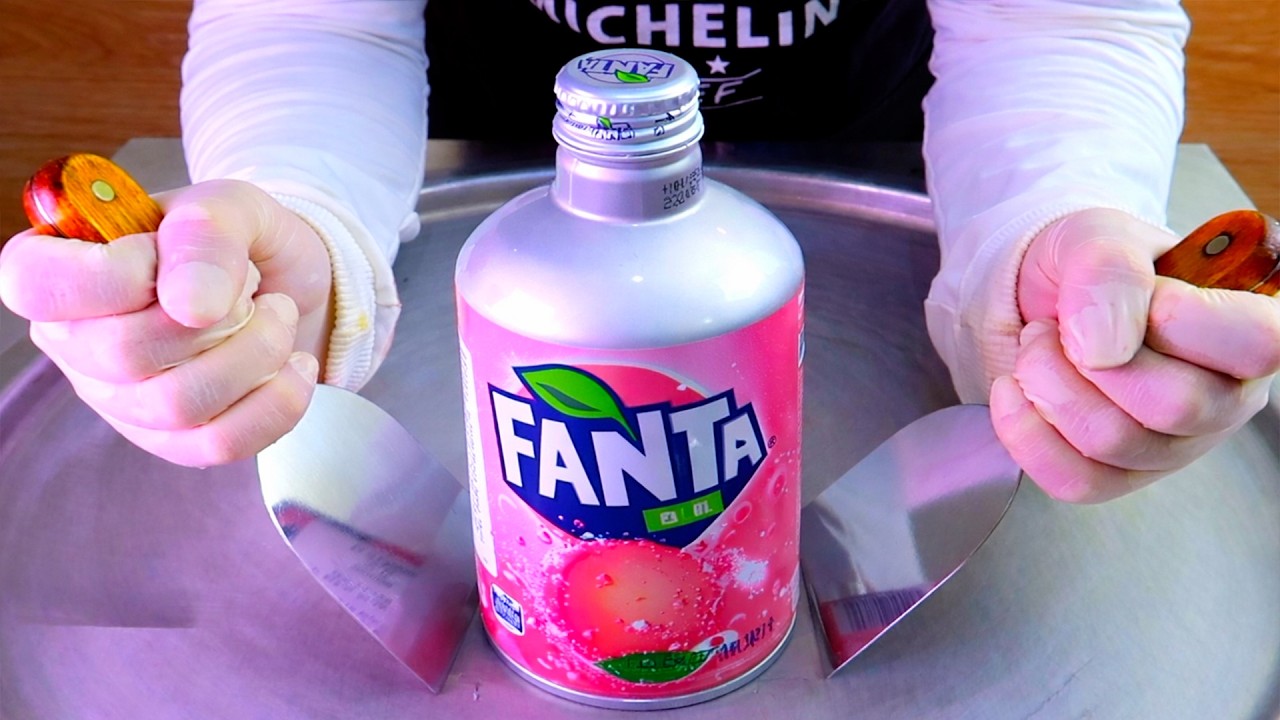 Fanta White Peach ice cream rolls street food - ايس كريم رول فانتا خوخ