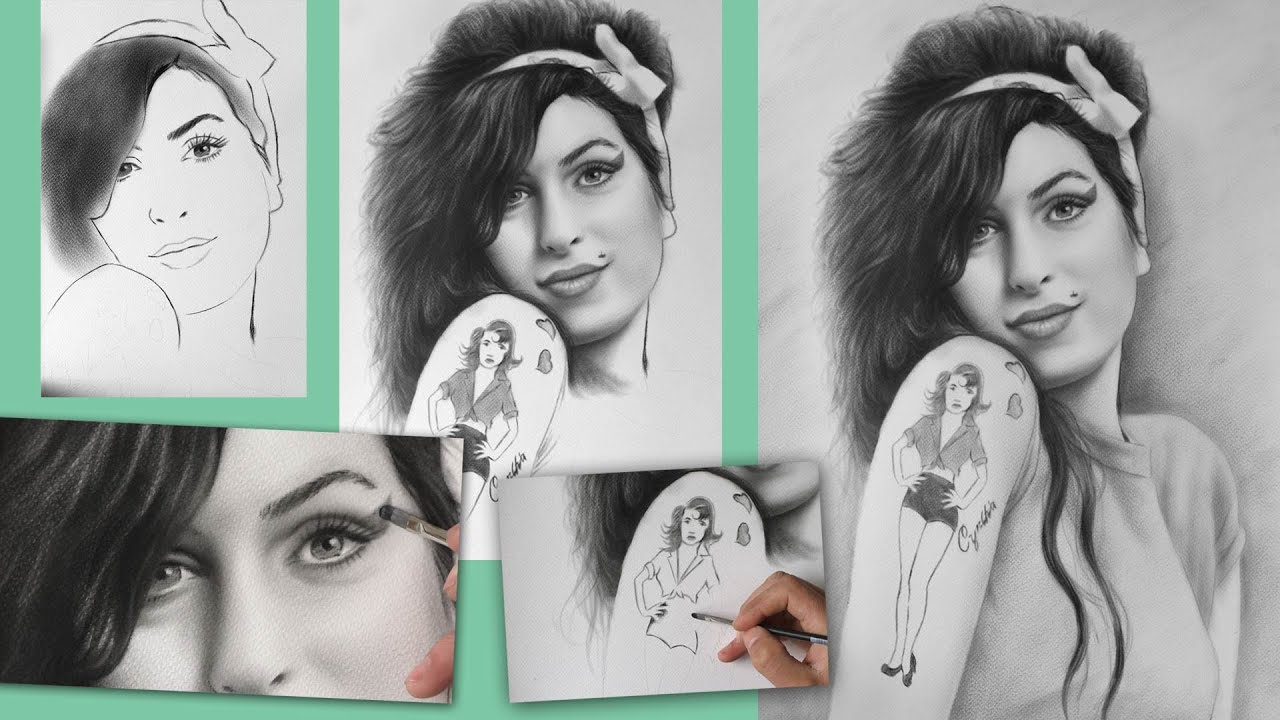 Amy Winehouse black and white portrait painting