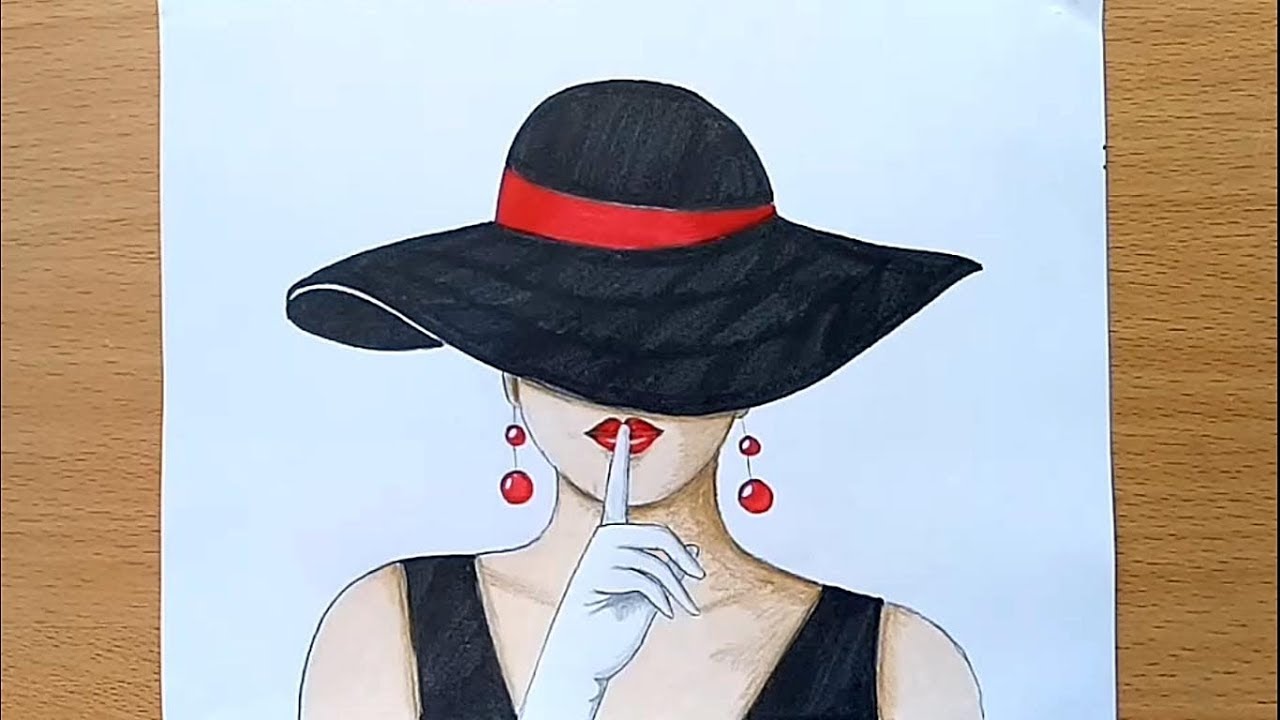 How to draw lady with a hat step by step