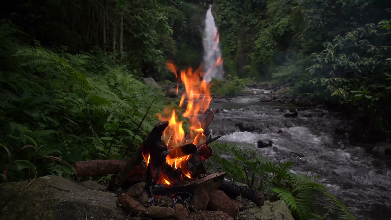 4K 1 Hour Crackling Campfire Near the Waterfall in Bali with Relaxing River sounds.