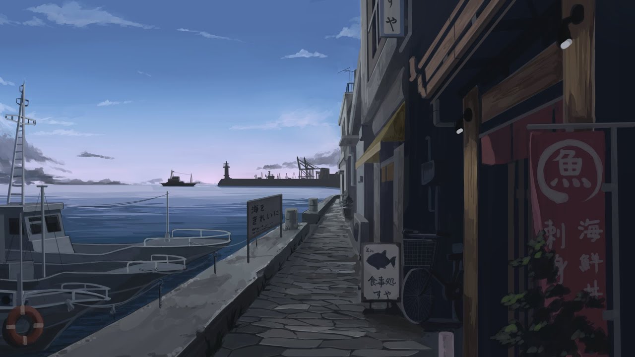 【背景イラストメイキング】朝の港町