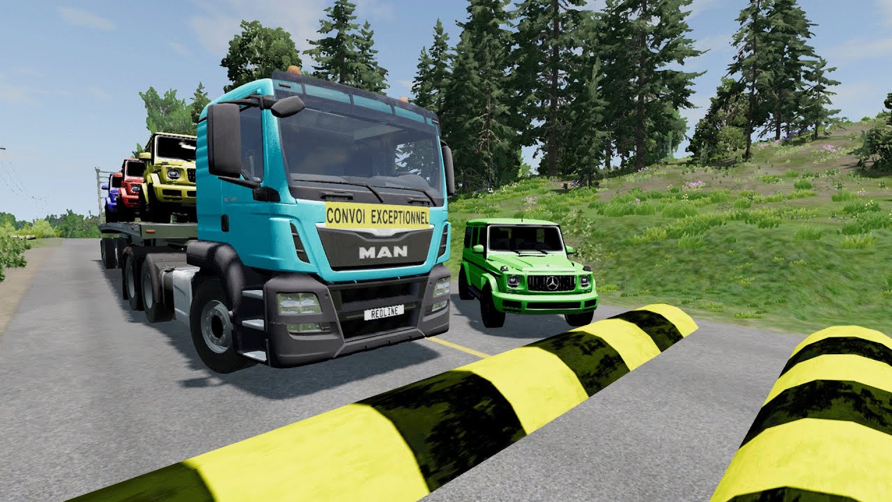 Flatbed Trailer Cars Transporatation with Truck - Pothole vs Car - Cars vs Speed Bump - BeamNG Drive