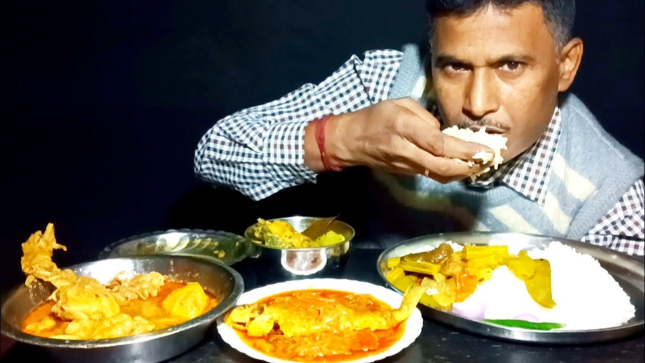 Spicy chicken curry and fish curry with rice eating challenge video, food eating