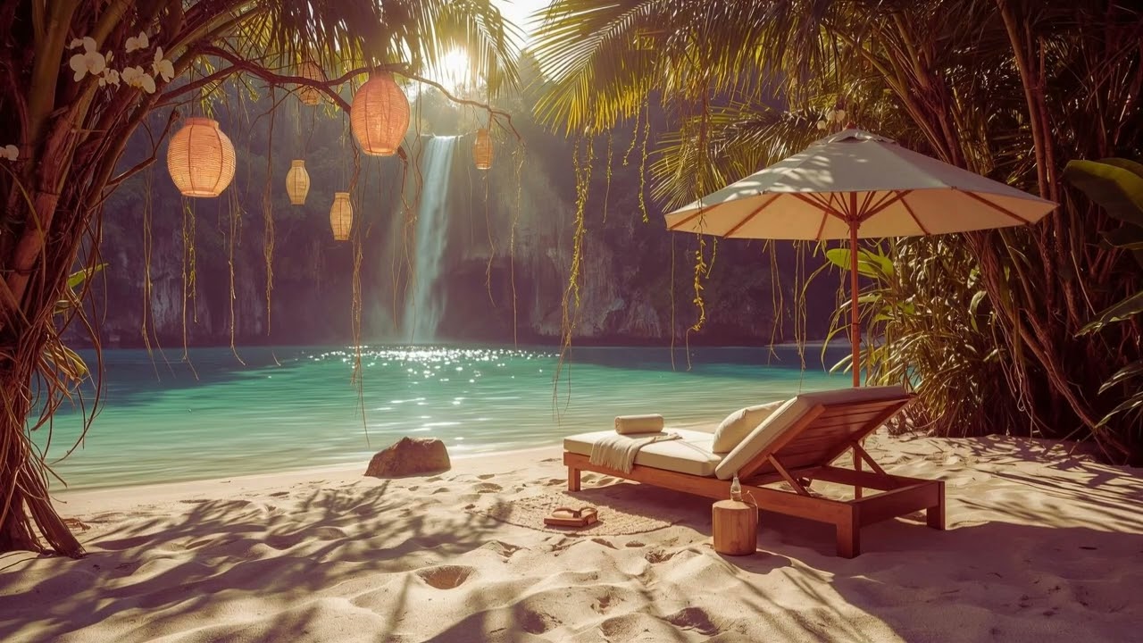 🌴 Hidden Lagoon Waterfall Beach Ambience 🌊 | Tropical Paradise Escape | 3 Hours | No Music