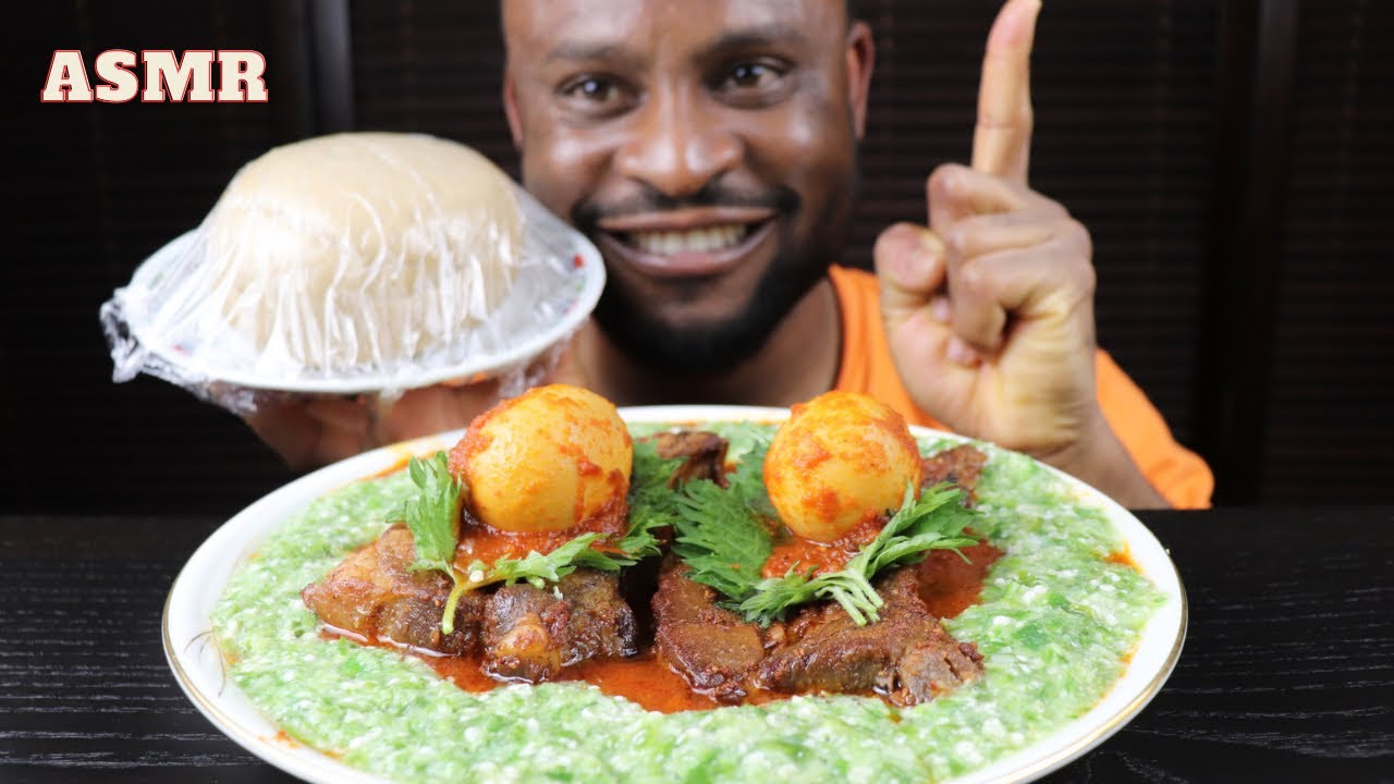 Mukbang Asmr Best Okro Stew Soup,Pork Ribs,Spicy Egg & Wheat Fufu/African Mukbang.