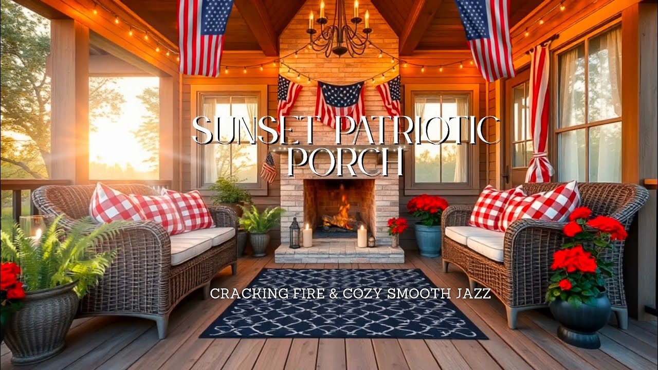 🔥 Cozy Patriotic Porch + Soft Jazz & Crackling Fire - 8 Hours Sunset Ambience for Study/Sleep/Relax