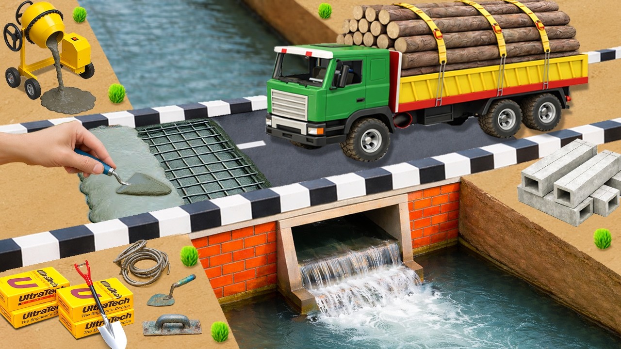 Godzilla destroys the bridge | DIY Mini Tractor rebuilds a load-bearing bridge with a drainage gate