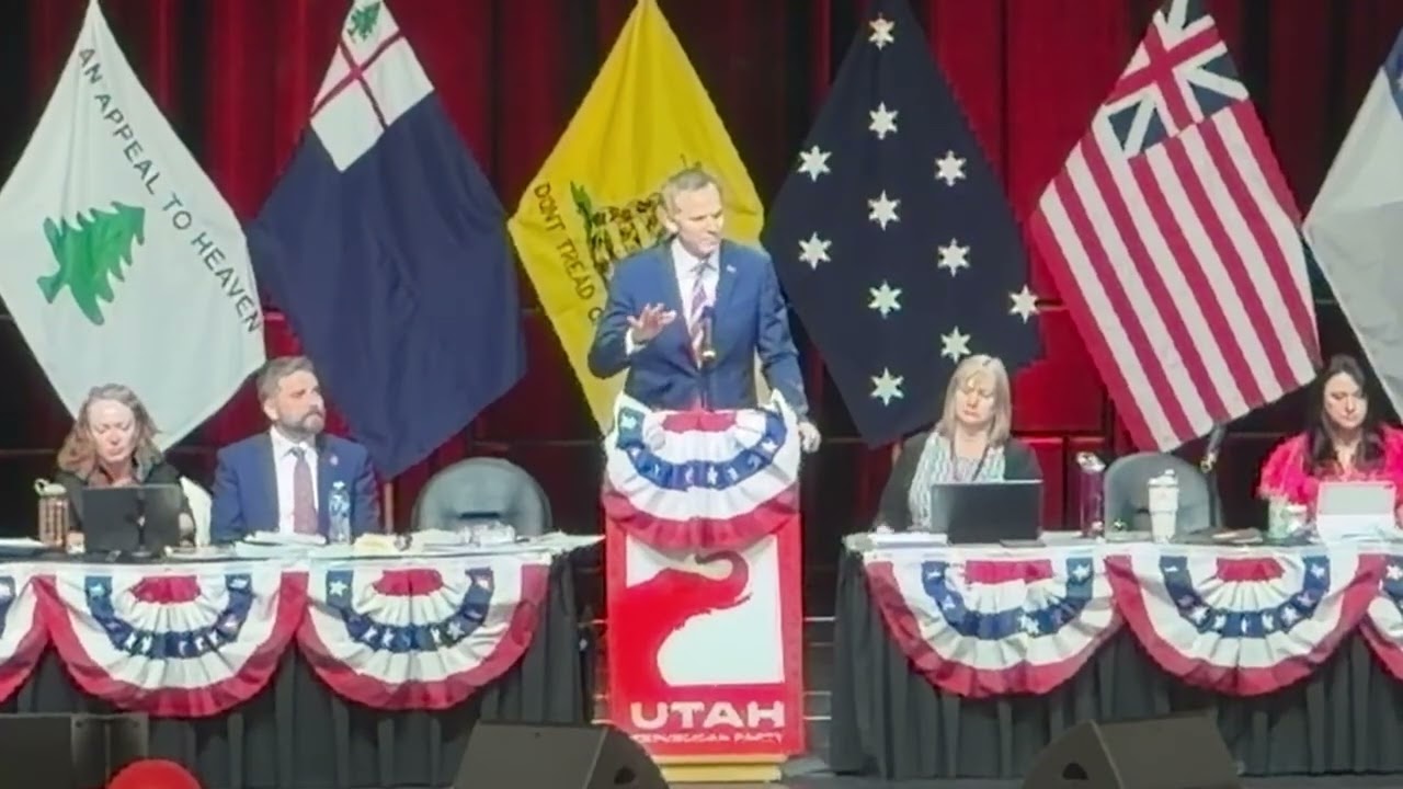 Utah Rep. Blake Moore speaks at the 2026 Utah GOP Convention