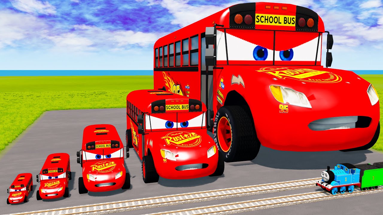 Big & Small Color School Bus Lightning Mcqueen vs Train Thomas | BeamNG.Drive