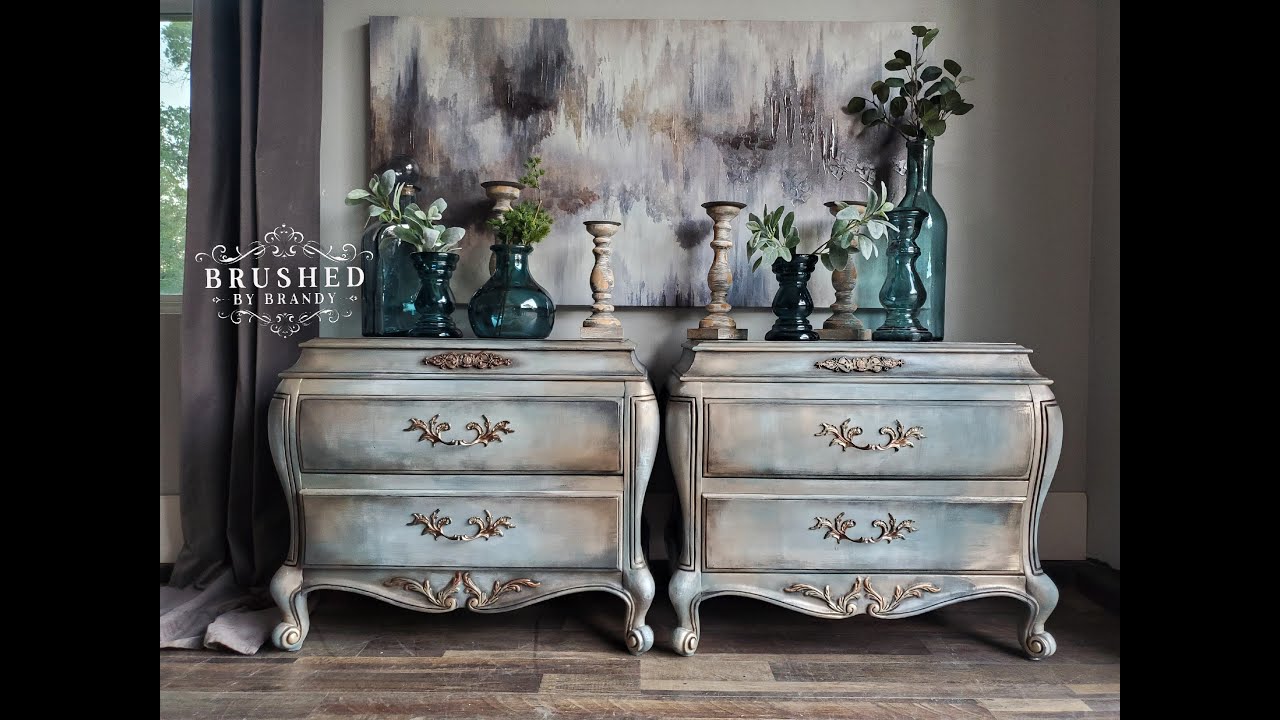 Distressed cross hatching paint finish by layering chalk paint and metallics on vintage furniture