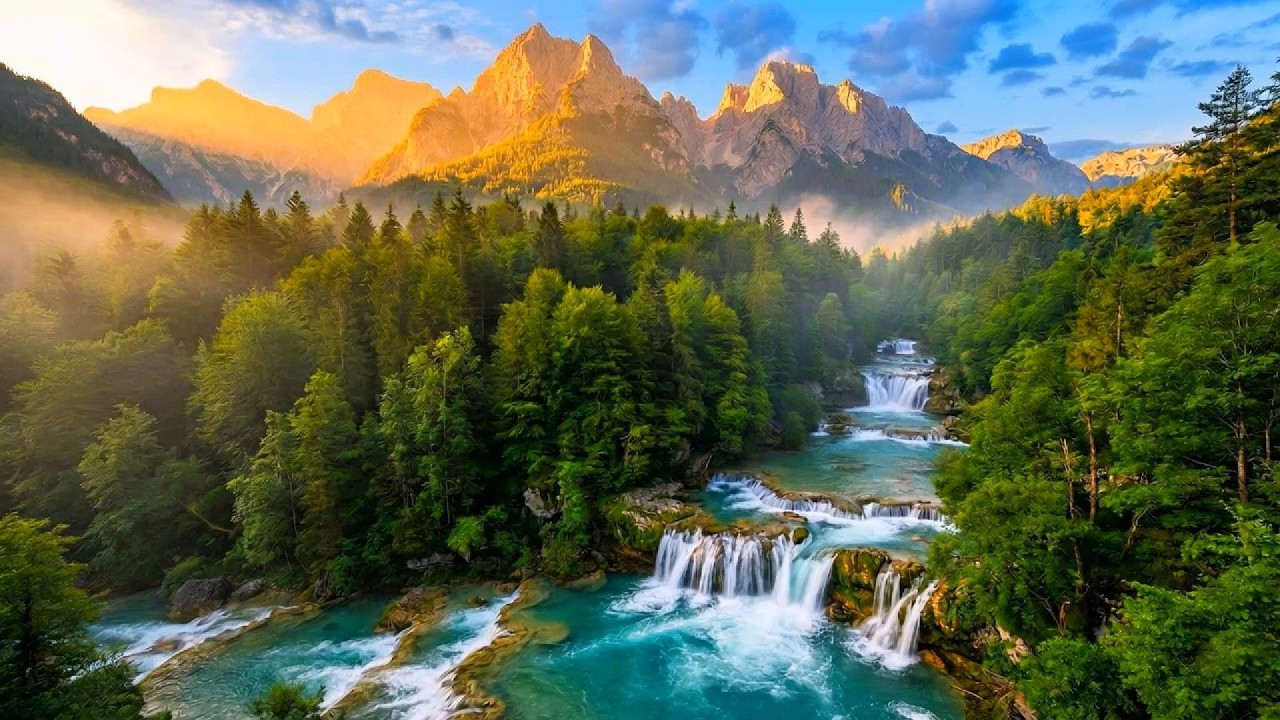 Emerald Falls & Golden Peaks | 3 Hours of Relaxing River Sounds & Mountain Views