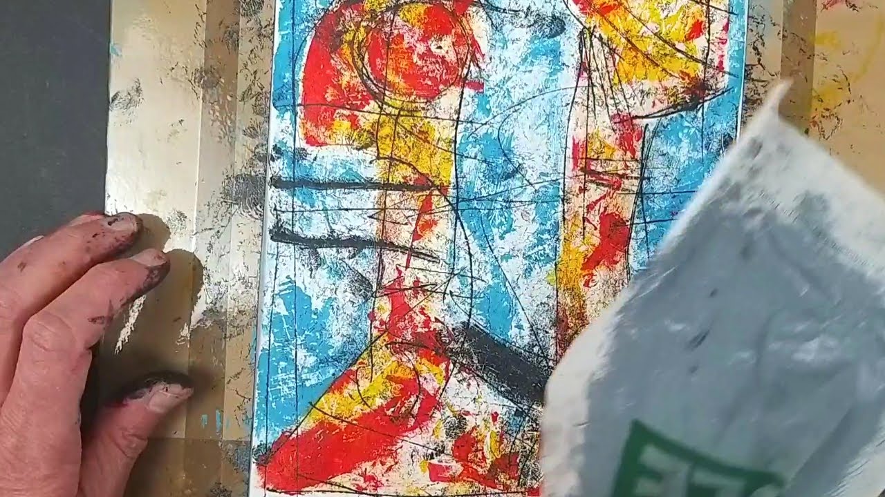 Monoprinting with stencils using acrylic paint and oil stick.