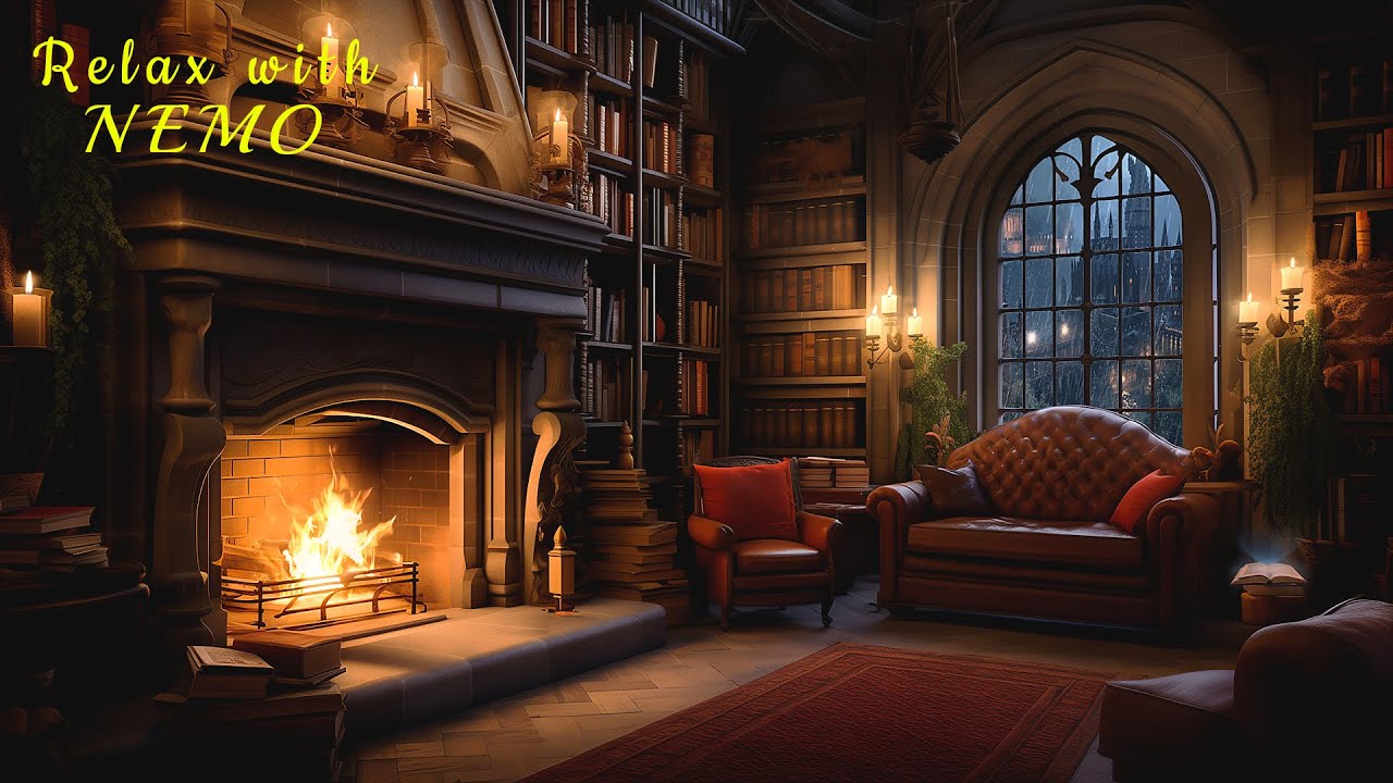Hogwarts Common Study Room | Cozy Fireplace and Rainy Night Ambience for Relaxation, Study and Sleep