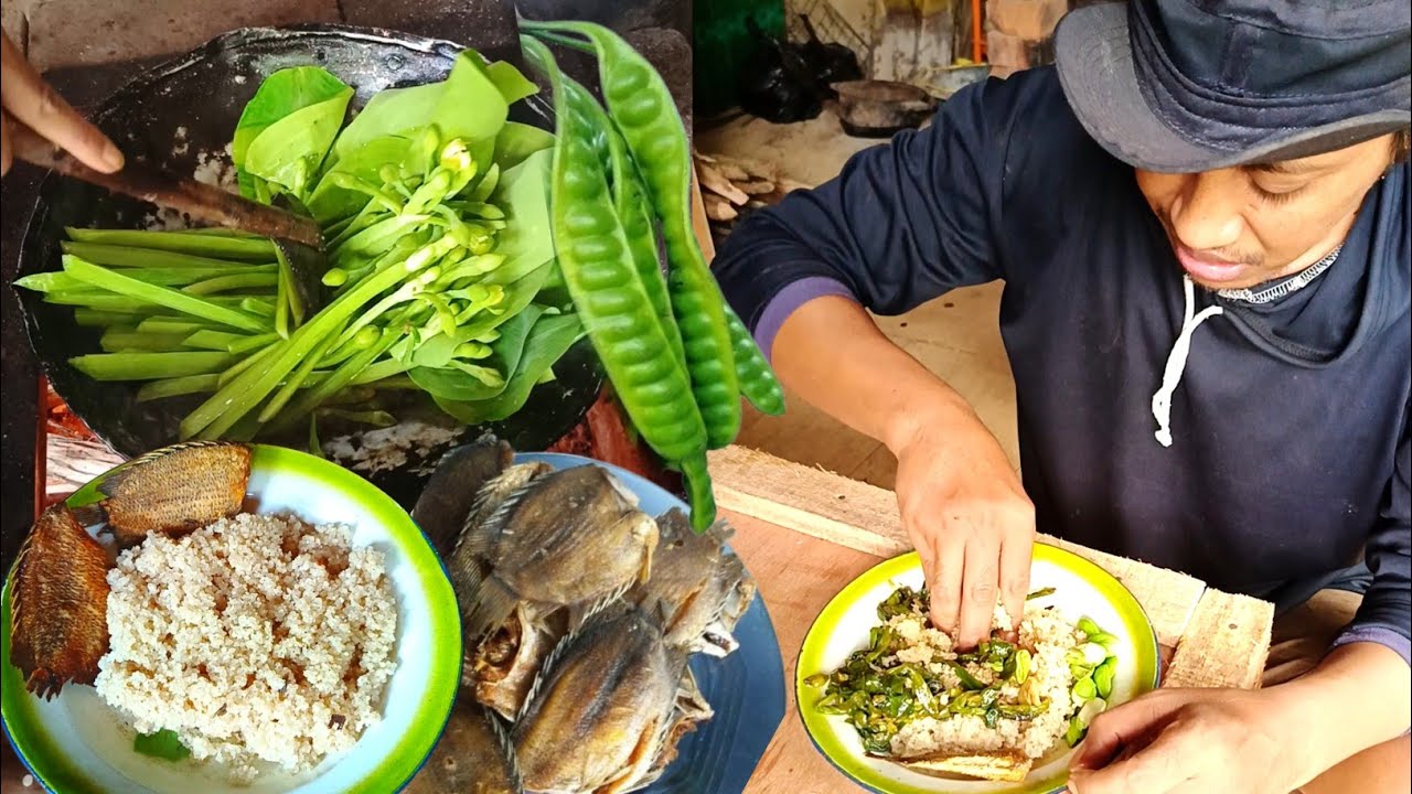 MAKAN NASI TIWUL, MASAK TUMIS GENJER LAUK IKAN ASIN BETIK | AKTIFITAS LADANG MEMUPUK GENJER