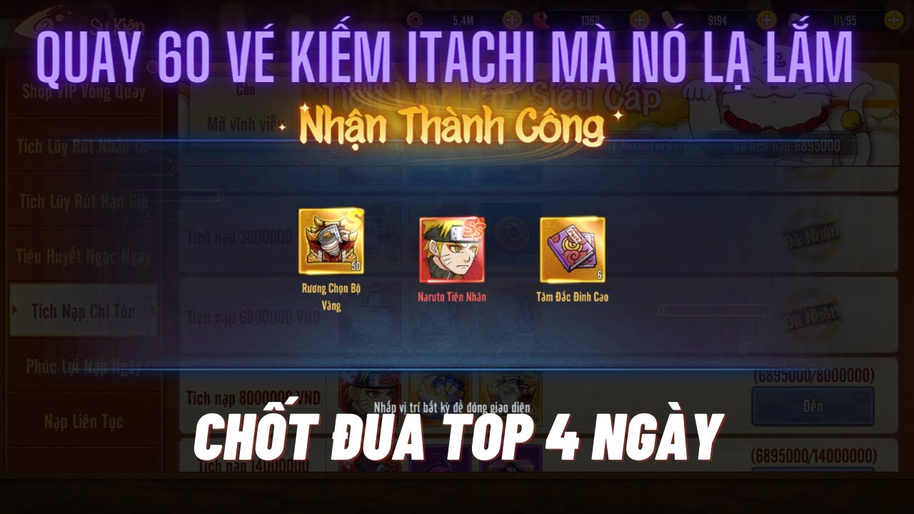 Ninja đại chiến - Đua top ngày 4 - Quay 60 cuộn kiếm Itachi mà nó lạ lắm - Chốt hạ đua top sv mới