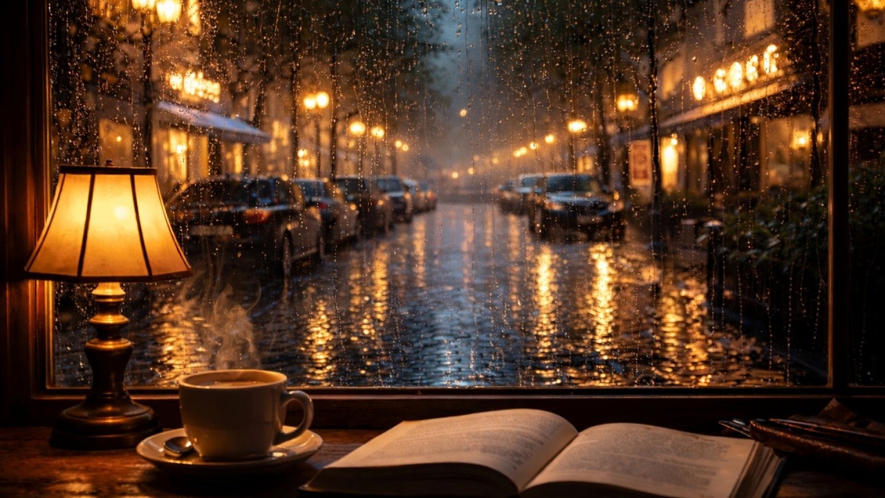 Rainy Evening Café Ambience ☕🌧️ | Cozy Rain Sounds for Relax, Study, Reading & Sleep