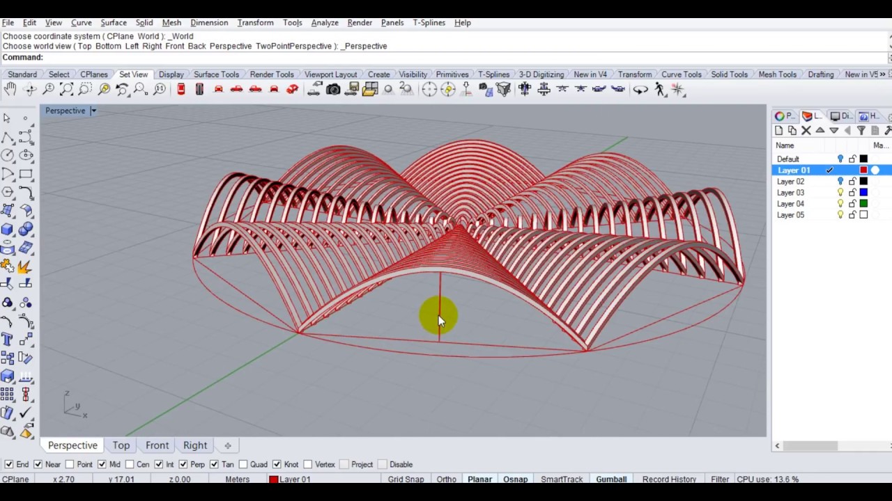 Rhinoceros - Basic Curved Roof Structure (TweenCurves, ArrayPolar and ExtrudeSrf)