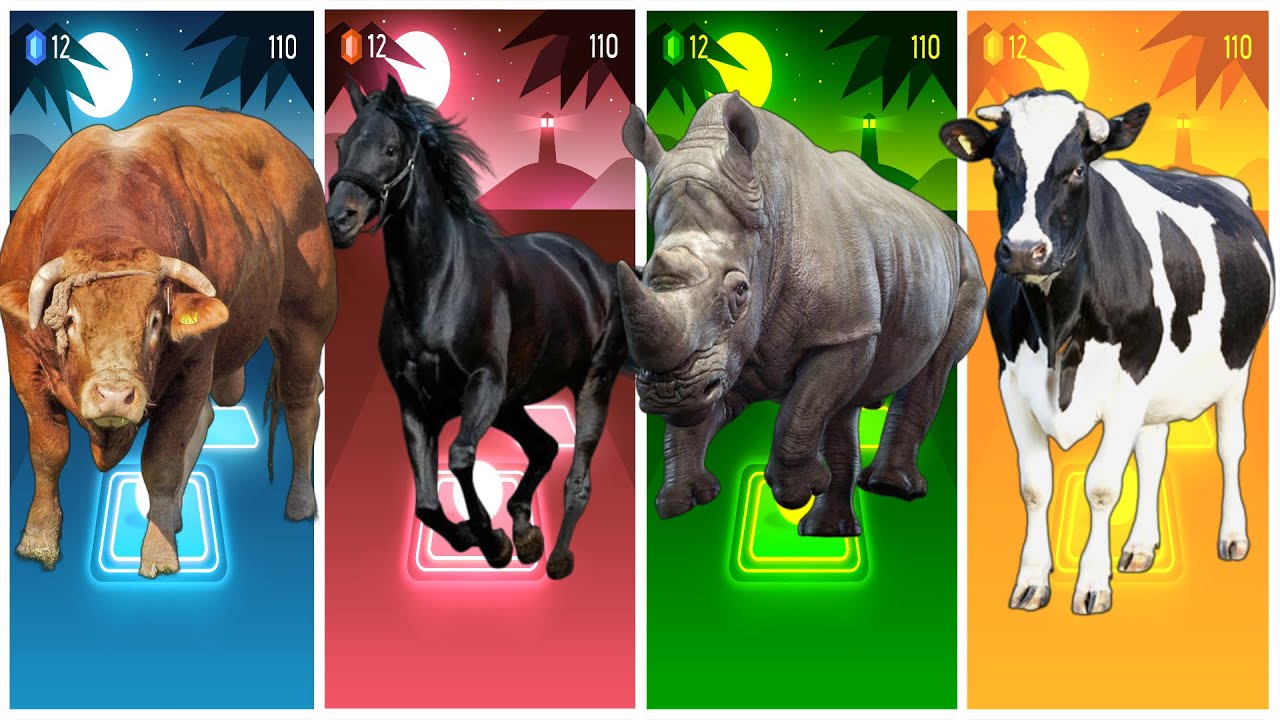 Funny Bull🐂🆚Funny Horse🐎🆚Funny Rhino🦏🆚Funny Cow🐄🔴Tiles Hop EDM Rush #tileshopedmrush #rhythmgame