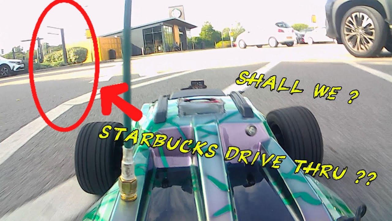 RC car drives through Starbucks drive thru and explores FPV POV long range.