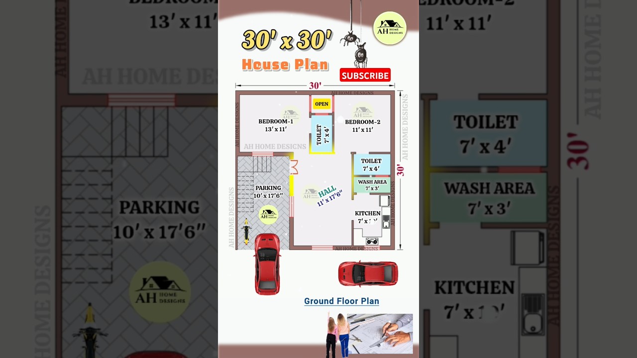 30' X 30' House Plan with Car Parking, 30*30 2bhk Home Design, 900SFT  Home Plan, #houseplan #shorts