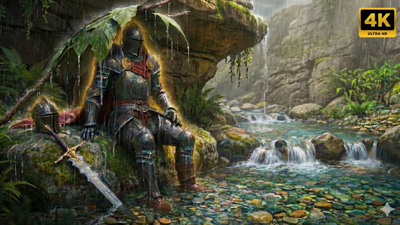 WALKING IN THE RAIN 🌧️ Lonely Knight Ambience | 4K Ultra Realistic Tranquil World Of Knights