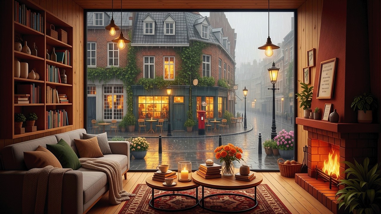 Calm Rainy Cafe Atmosphere with Soft Piano and Fireplace Ambience