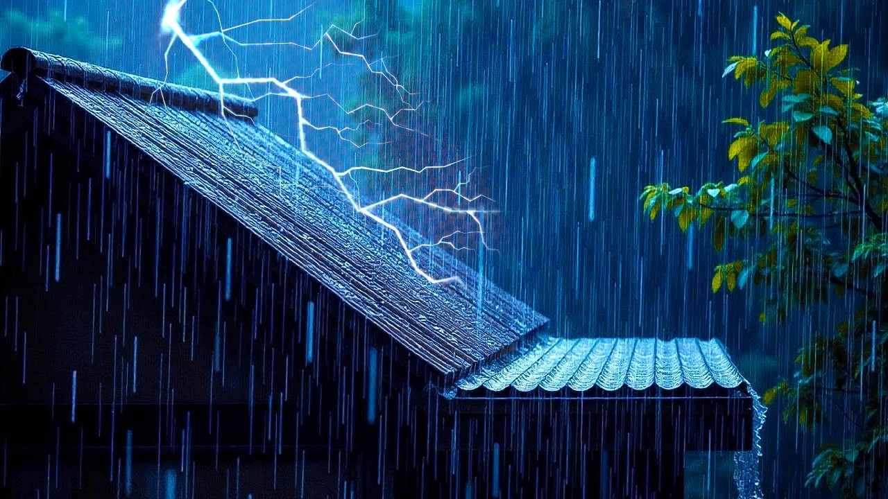 Goodbye Insomnia with Heavy Rain & Thunder Growls on a Stale Tin Roof in Foggy Murky Forest at Night