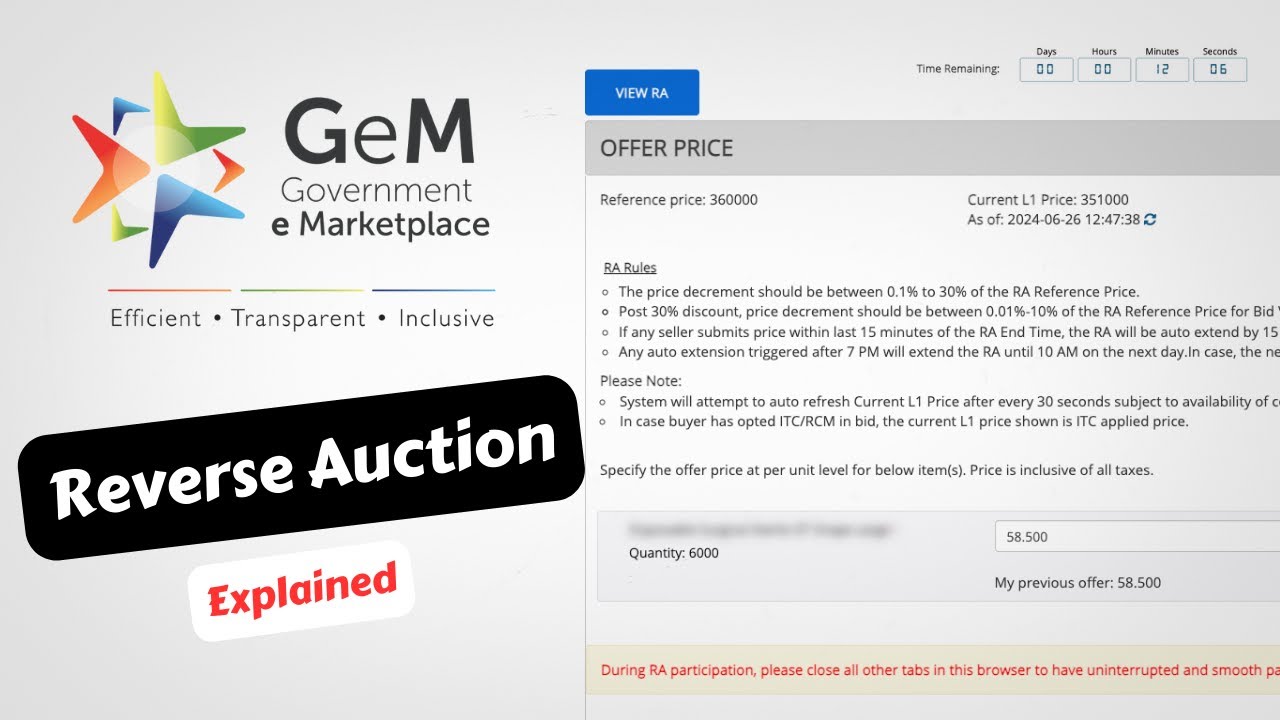 RA (Reverse Auction) on GeM Explained | RA Participation by Seller | Bid to RA Participation