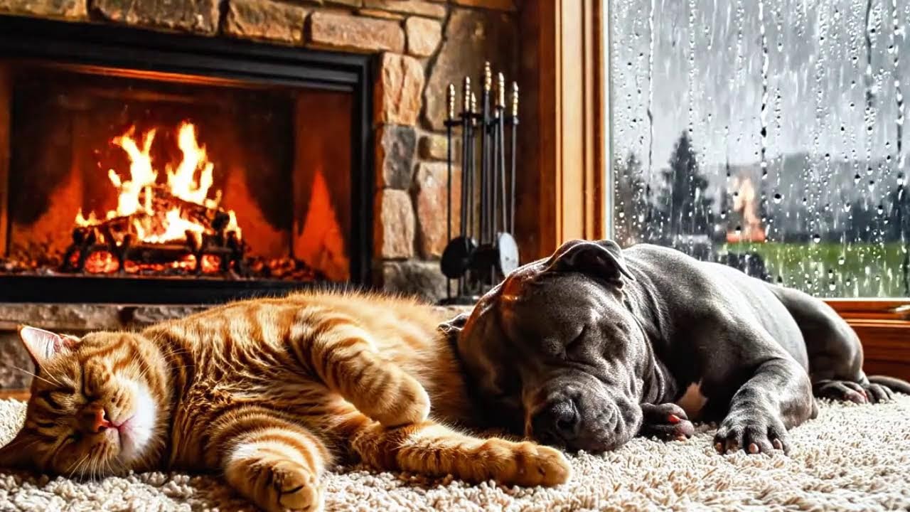 Cozy Cat & Dog Sleeping by the Fireplace 🔥 Heavy Rain & Thunderstorm Night with Gentle Snoring 😴🌧️