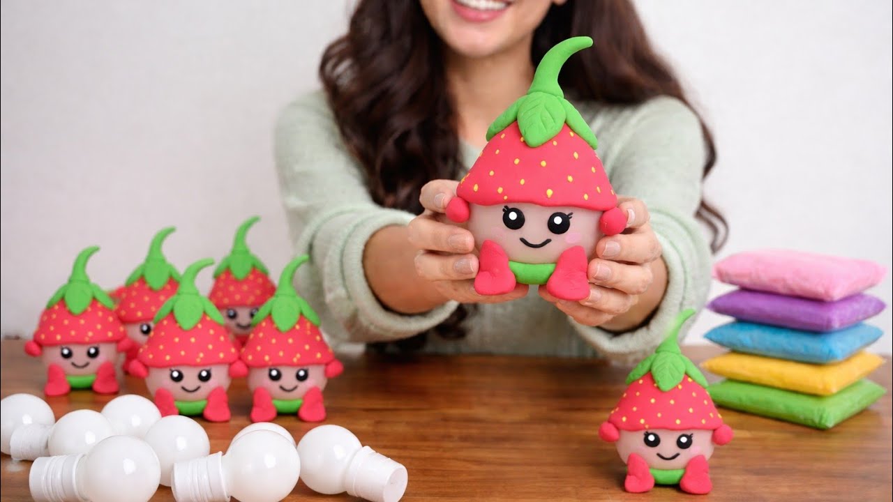Cute Strawberry Clay Showpiece Making 🍓 | DIY Home Decor Idea | Easy Craft with Waste LED Bulbs