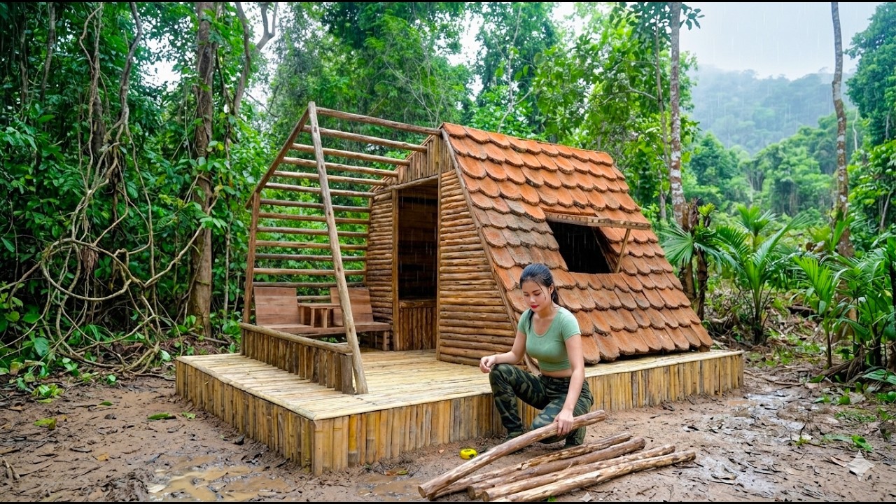 Young Girl Building a Bushcraft Shelter in Forest to Stay Safe From Wolves  - Survival cabin build
