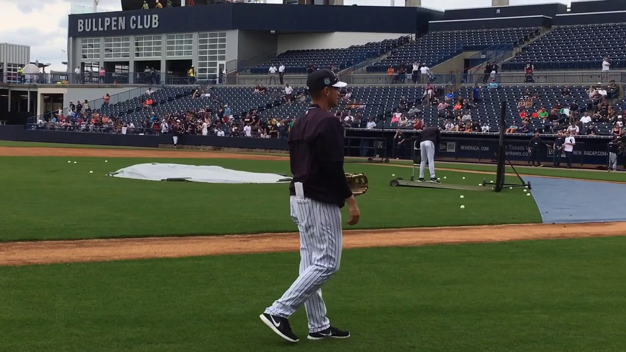 Alex Rodriguez watches BP from third base