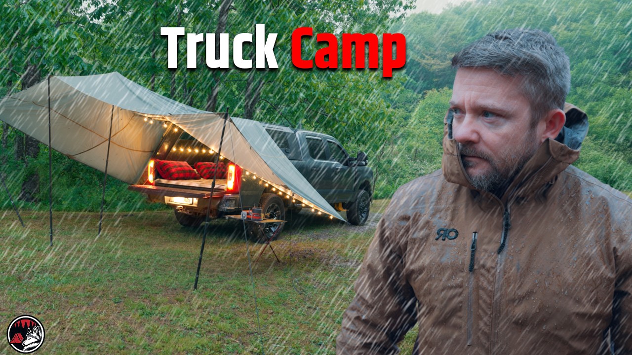 Storm Night &ndash; Truck Camping in Heavy Rain With a Tarp Shelter
