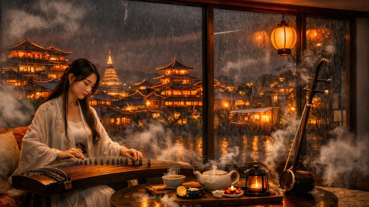 Ancient Chinese Rain Lofi 🌧️ Guzheng & Erhu Night Ambience for Deep Sleep & Relaxation.