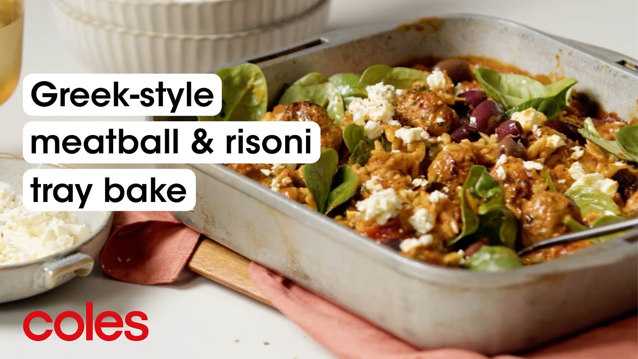 Greek-style meatball and risoni tray bake