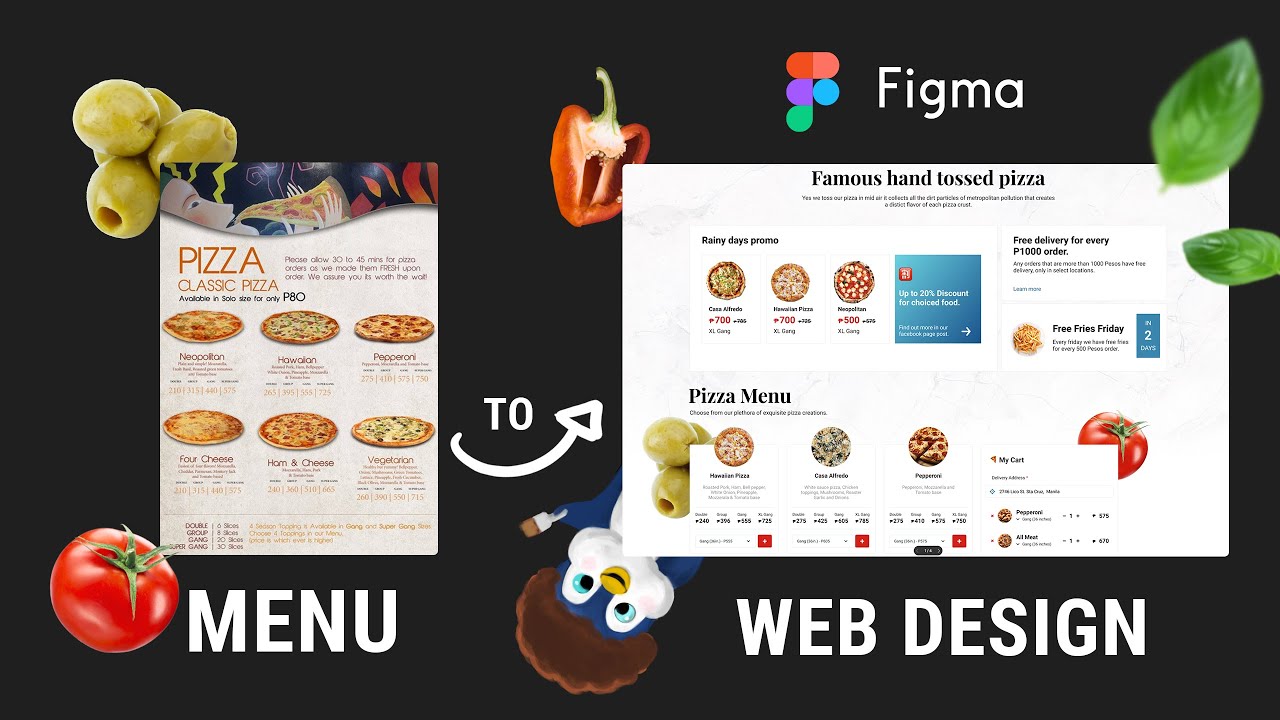 (Figma Tutorial) From Restaurant Menu to Desktop Website design Pizza landing page + ordering flow.