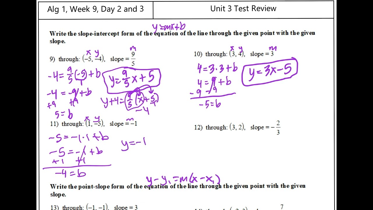 Algebra 1 - Unit 3 Test Review