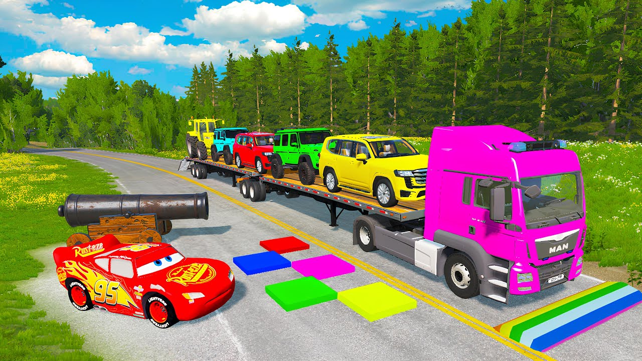 TRANSPORTING PIXAR CARS & FRUITS WITH COLORED & JOHN DEERE vs CLAAS vs TRACTORS - BeamNG.drive 