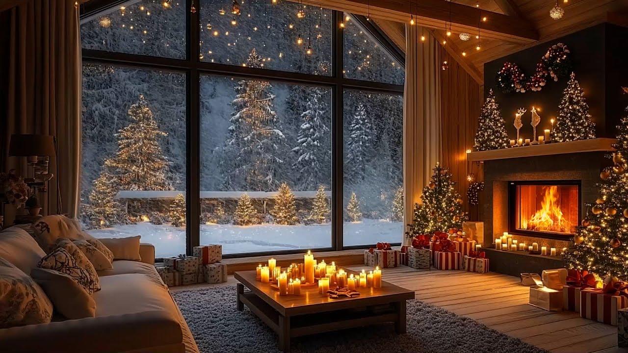 Sala De Estar Aconchegante: Lareira, Neve e Baảulho Branco Para Foco e Estudar