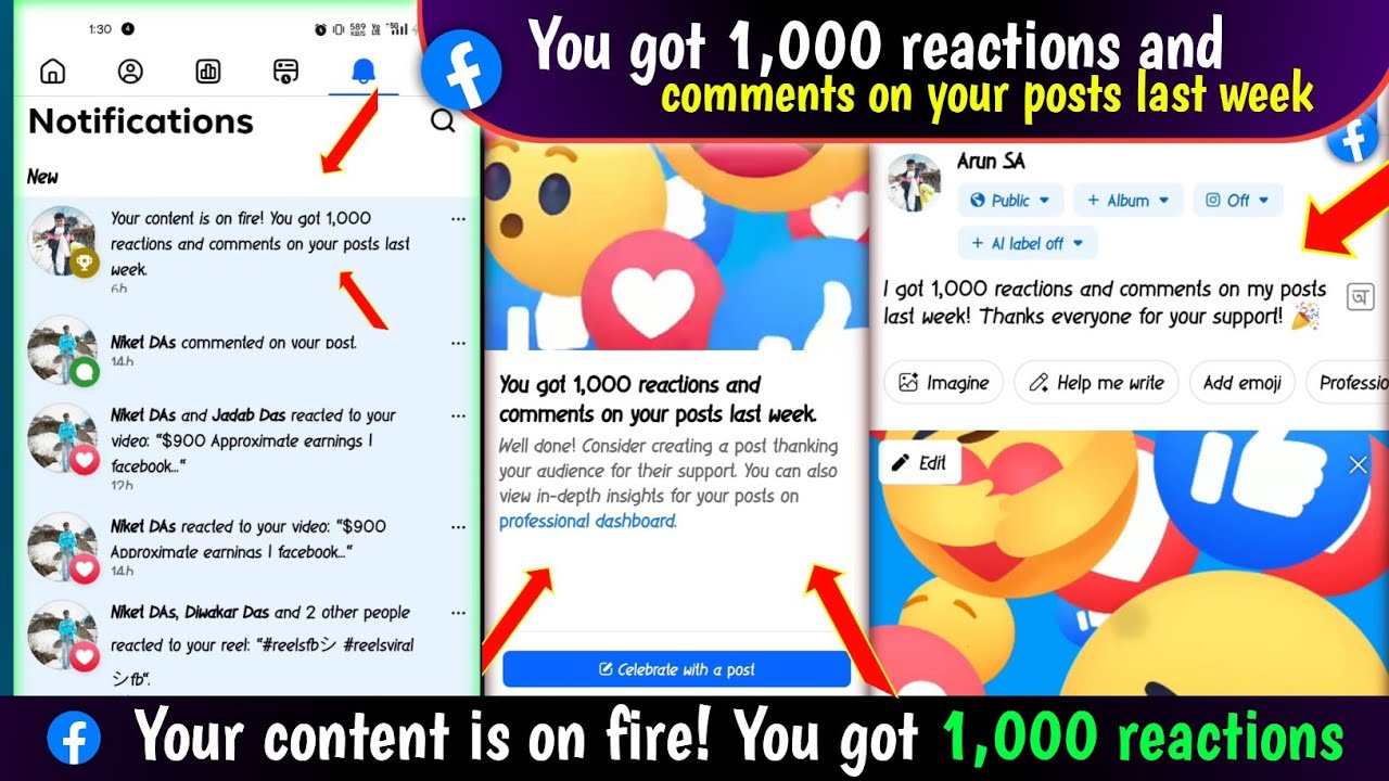 Your content is on fire! You got 1,000 reactions and comments on your posts last week facebook