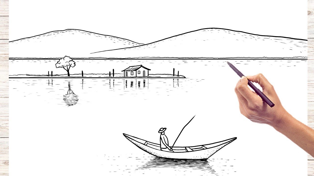 Como Desenhar Paisagem com Rio e pescador passo a passo - Risco de Paisagem