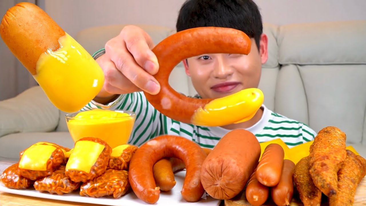 ASMR 불닭볶음면쌈과 킬바사소세지 대왕햄 대왕고추튀김 치즈소스 찍어먹방~! Spicy Noodles With Kielbasa Sausage Fried Pepper MuKBang!