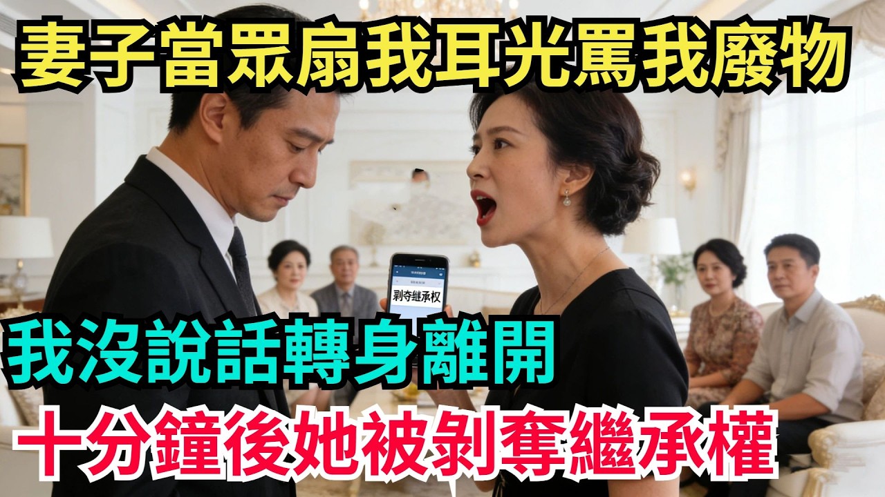 妻子當衆扇我耳光罵我廢物。我沒說話轉身離開。十分鍾後，她收到被剝奪繼承權的消息【阿文情感】#男頻小說#故事#情感#都市#小說#爽文