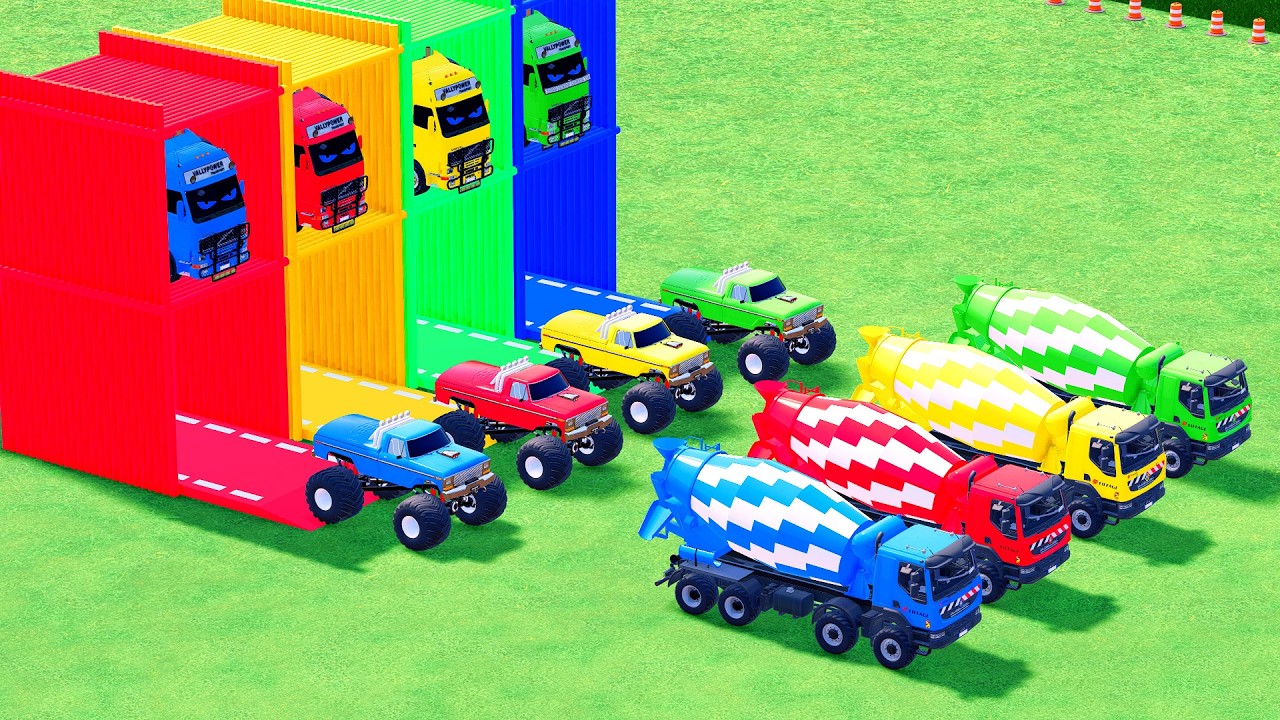 Garage with Colors - ALL MIXER TRUCK WITH DOUBLE FLATBED TRAILER TRUCK, MAN, SCANIA, LIZARD